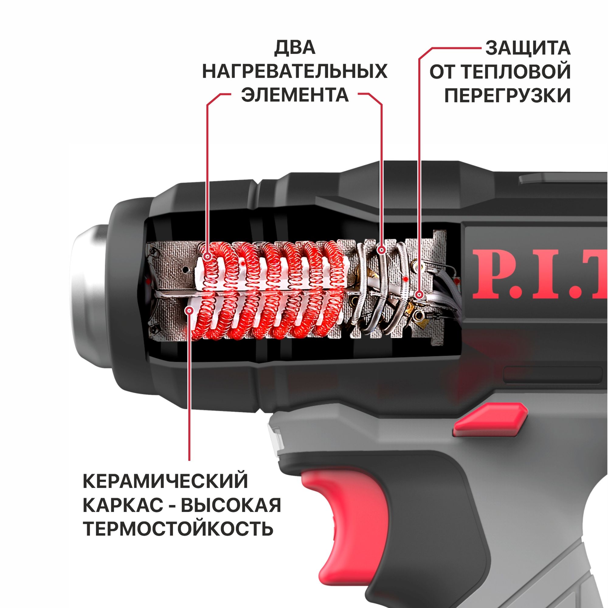 Фен строительный аккум. P.I.T. PHG20H-550A SOLO (20В, 550°, 200л/мин, защита от перегрева, насадки)