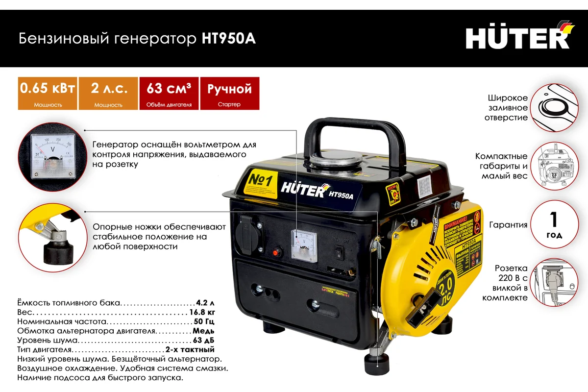 HUTER Бензиновый генератор HT950A 220 В, 2х тактн., номин. мощность 650 Вт, бак 4,2л, 20 кг