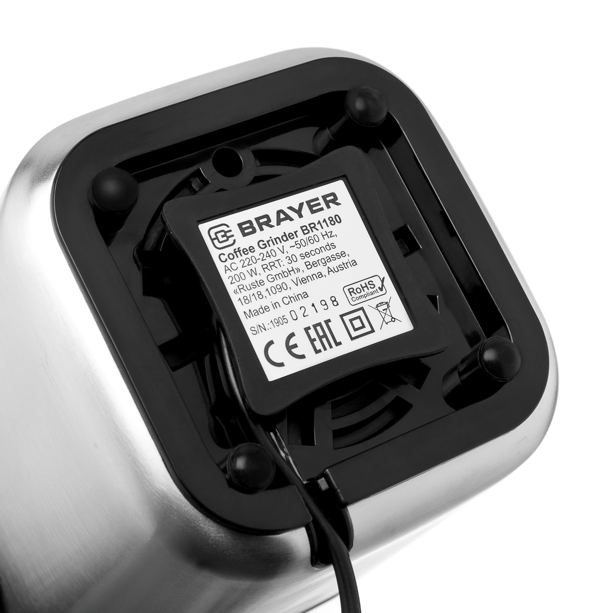1180BR Кофемолка BRAYER, 2 ножа для мяг. и твер., 70 г.,Мощн. 200 Вт, нерж. корп, нажатием на крышку