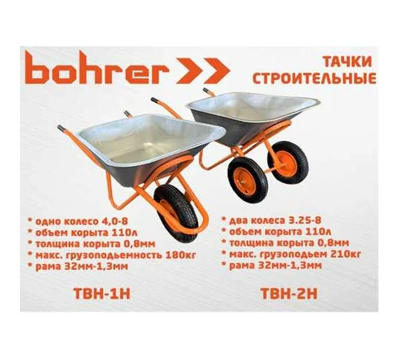 Тачка строительная 2х-кол.BOHRER TBH-2H (пневм.колеса 3,25-8) корыто 110л, гр/п 210кг
