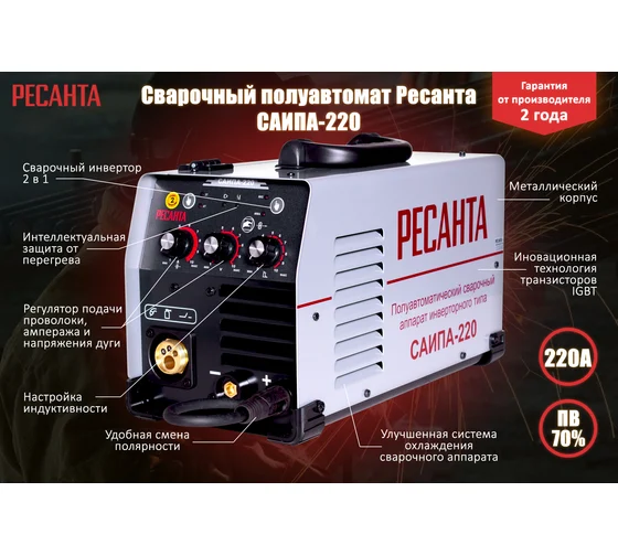 РЕСАНТА Сварочный аппарат инверторный полуавтоматический САИПА-220, 220В, 29А, 