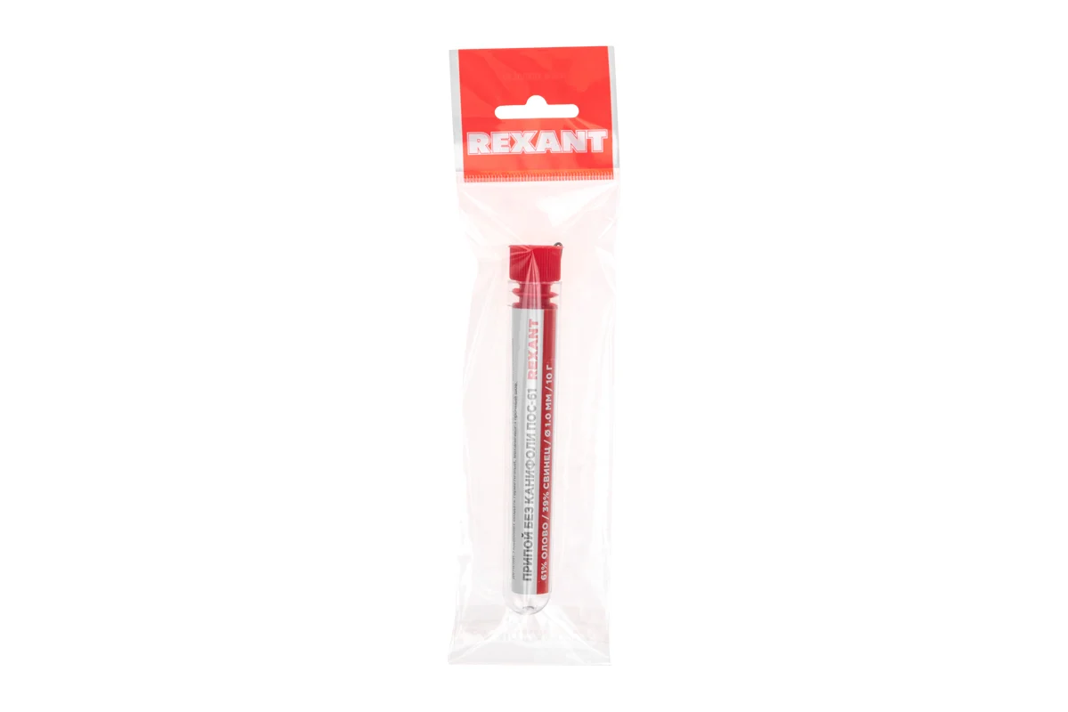 Припой без канифоли ПОС-61 REXANT, 10 г, O1.0 мм, (олово 61%, свинец 39%), колба, 09-3093