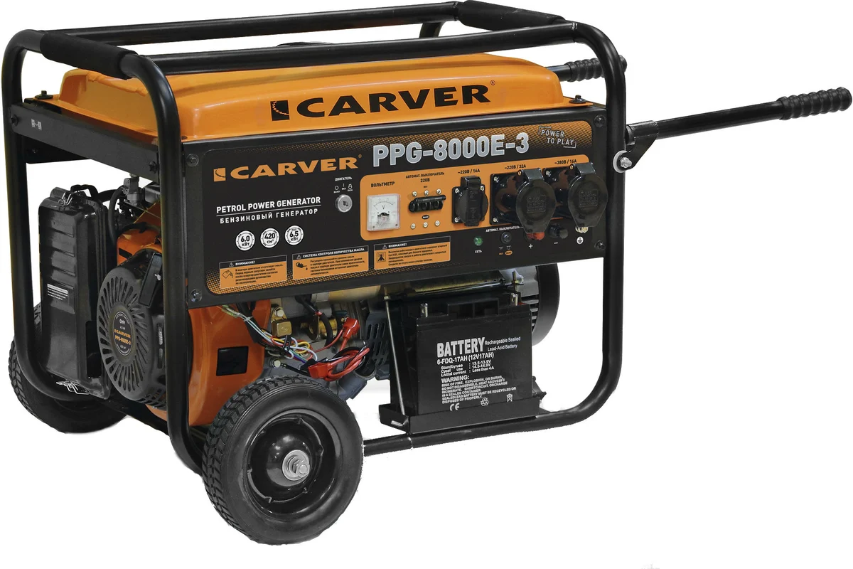 Генератор бенз. CARVER PPG-8000E-3, дв. LT-190F 6,0/6,5кВт, 220/380В, электростарт, колеса, бак 25л