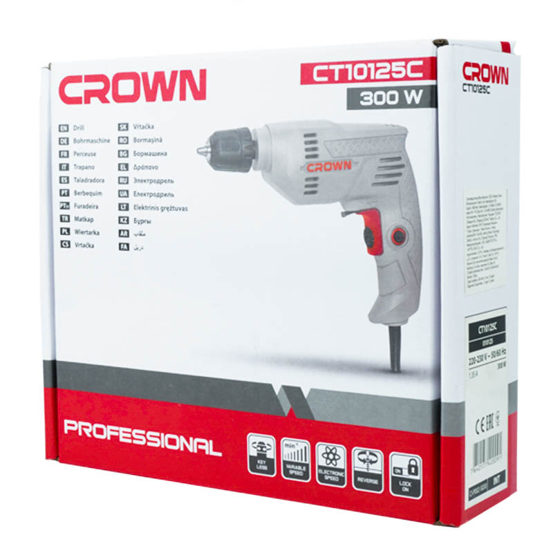Дрель безударная CROWN CT10125C, 300Вт, 0-3800об/мин