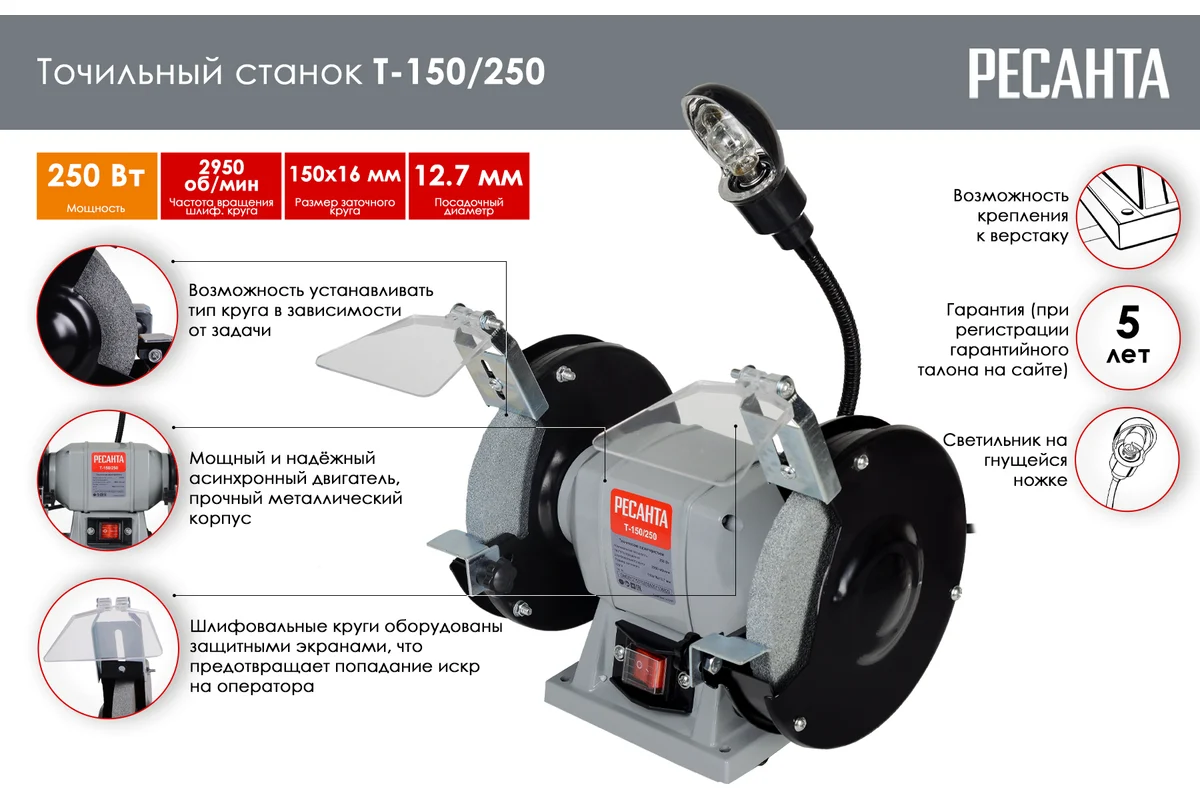 РЕСАНТА Точильный станок Т-150/250 250Вт, 2950об/мин