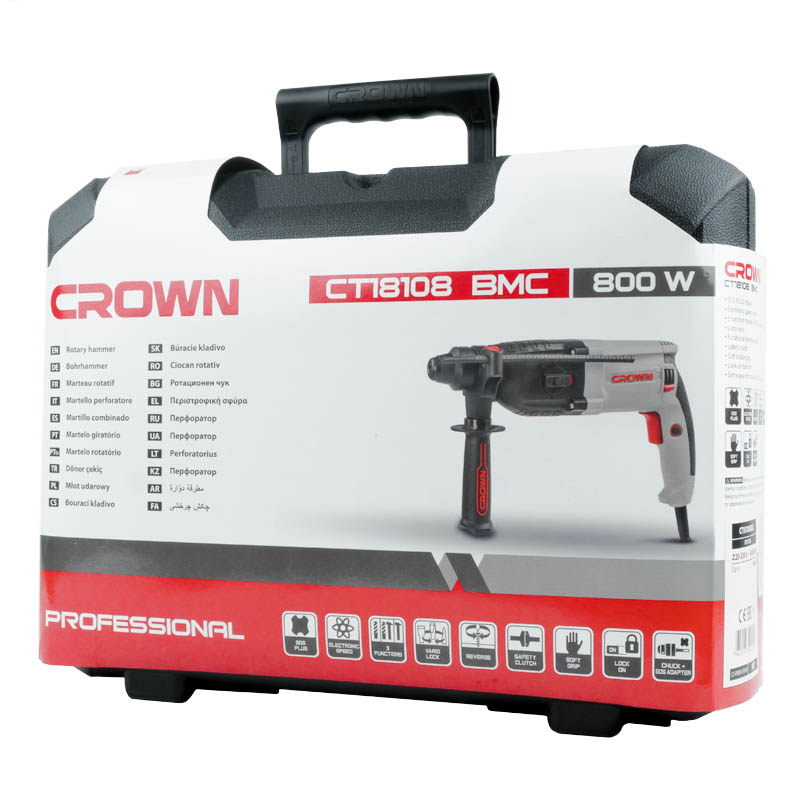 Перфоратор CROWN CT18108 BMC, 800Вт,SDS+,3,4 Дж удар, 0-1200об/мин, 0-5300уд/мин, кейс