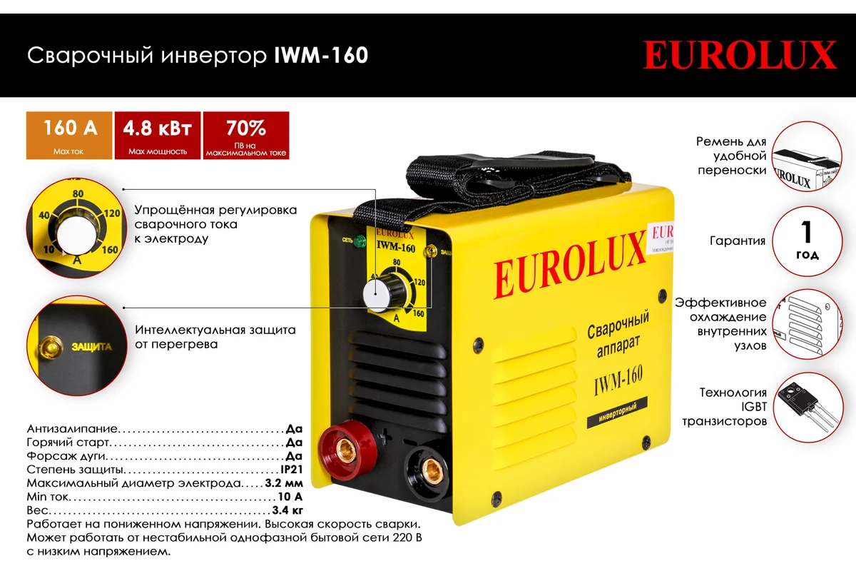 Eurolux IWM 160 Сварочный аппарат инверторный, 220В, 22А, электрод до 4мм, 