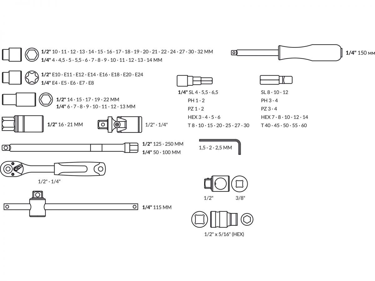 Набор головок и бит 108пр.(1/4\", 1/2\", 6 граней) TREK
