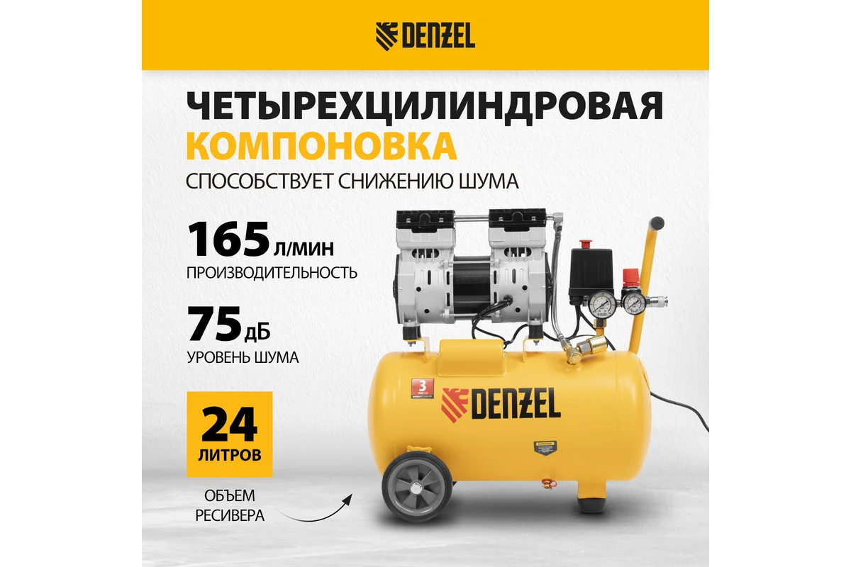 Компрессор DLS950/24 безмаслянный малошумный  950 Вт, 165 л/мин,ресивер 24 л// Denzel