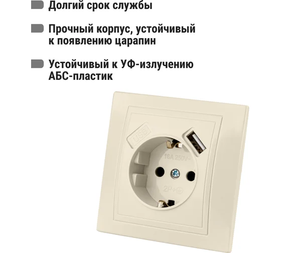 Розетка двойная 2П 16А  + USB 2.1A 5B сл. кость (земля, шторки, керам. осн.) "Таймыр" TDM*