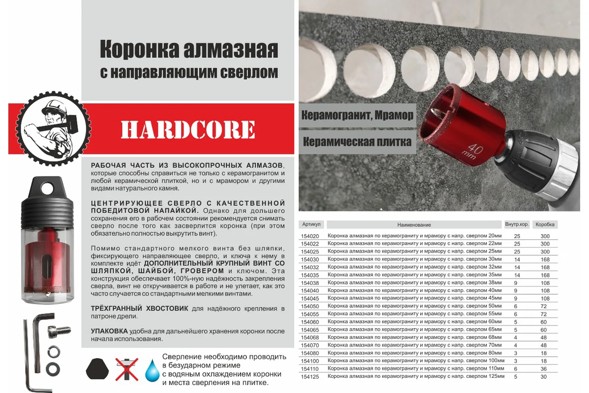 Коронка алмазная по керамограниту и мрамору с напр. сверлом 110мм "Hardcore"