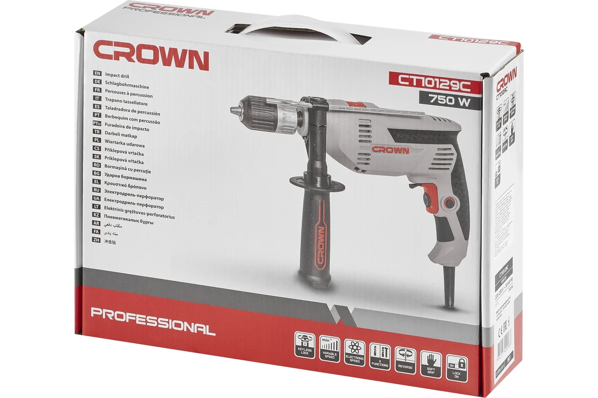 Дрель ударная CROWN CT10129C, 750 Вт, 0-2800 об/мин, 0-44800 уд/мин, БЗП-13 мм, 1,9 кг