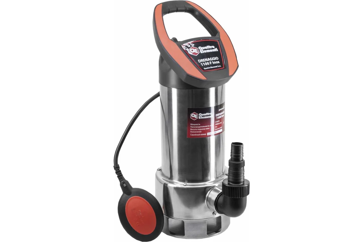 Дренажный насос QUATTRO ELEMENTI Drenaggio 1100 F Inox (1100 Вт, 19000 л/ч, для грязной, 9 м, 7,5кг,