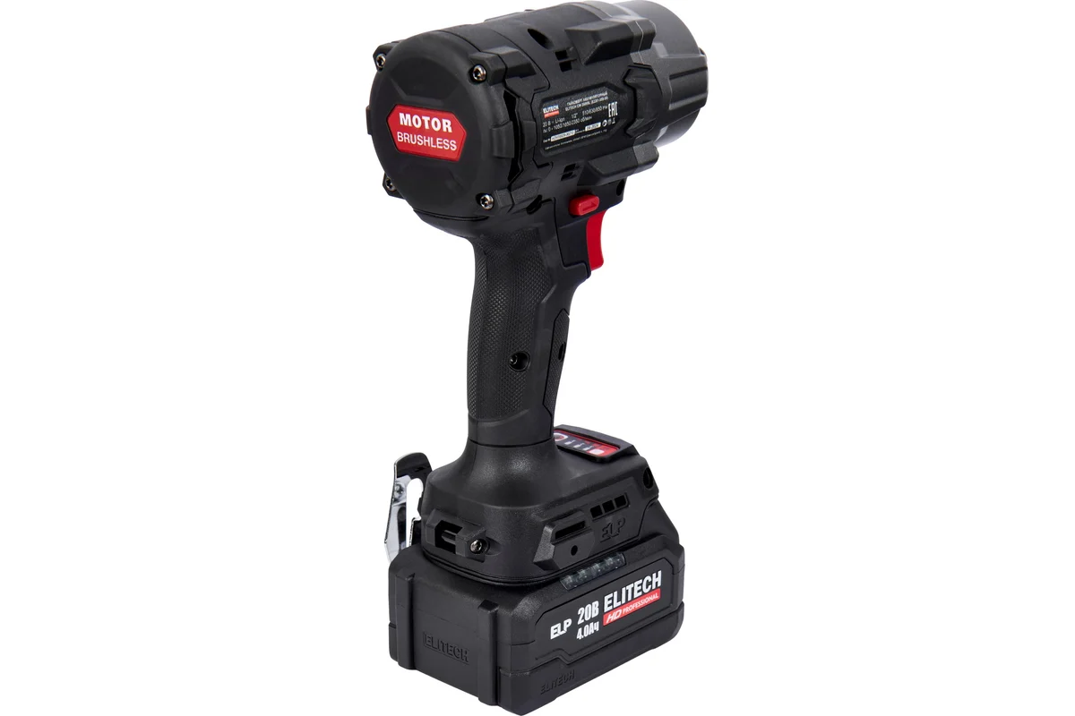 ELITECH HD CW 2009SL (E2201.059.02) Гайковерт ак(уд) б\щет, 20В, 2х4.0Ач,0-2400у\м, 900Нм, кв 1/2" 