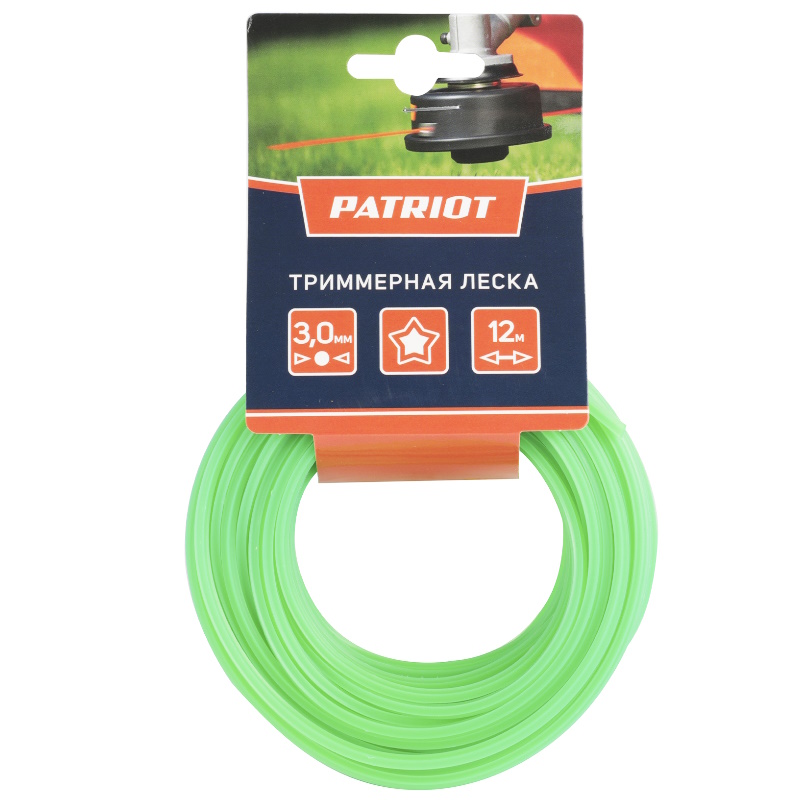 Леска PATRIOT D 3,0 мм L 12 м (звезда, зеленая) 300-12-3, картонный подвес