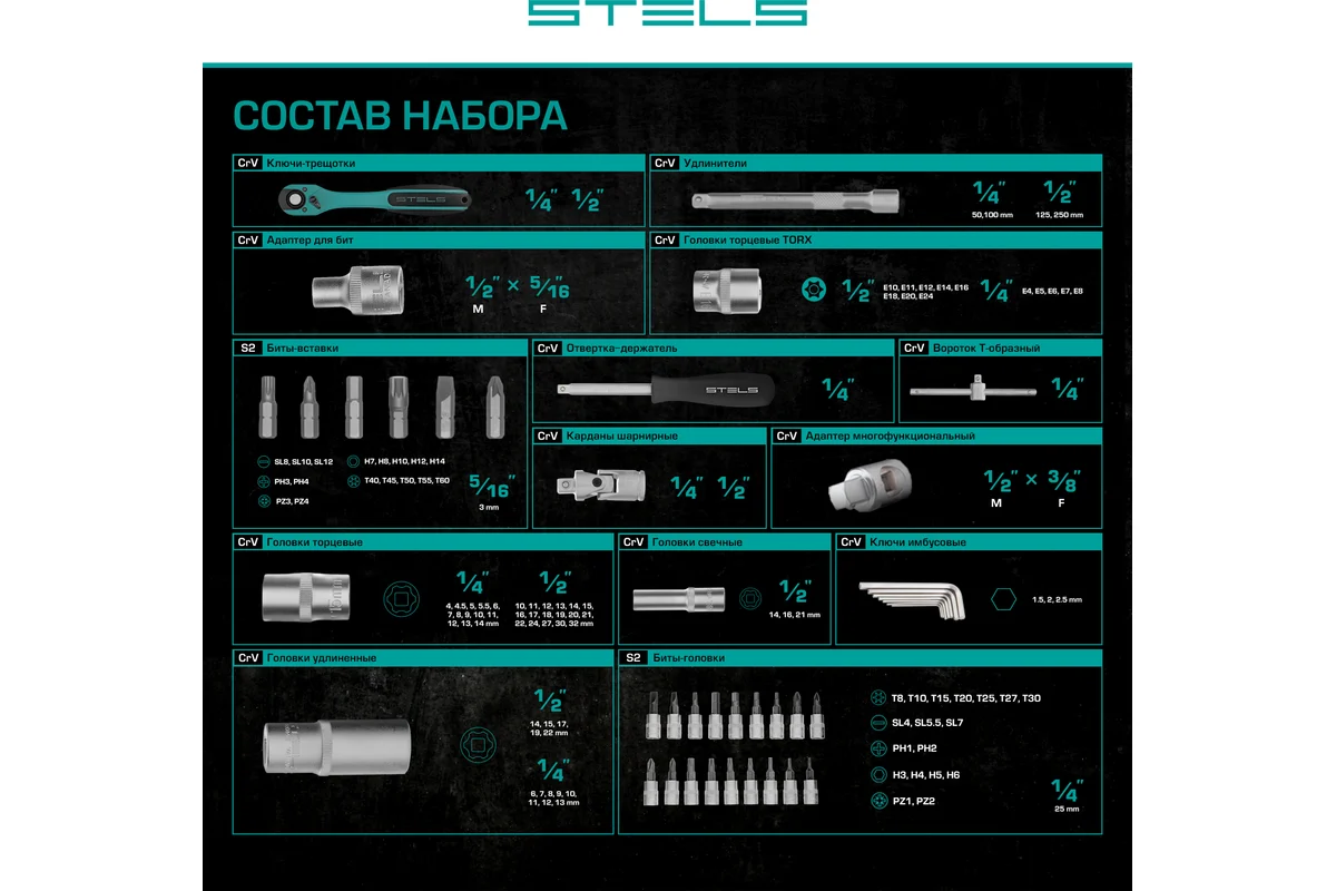 Набор инструментов 1/2", 1/4", CrV, 12 гранные головки, пластиковый кейс, 109 предмета// Stels