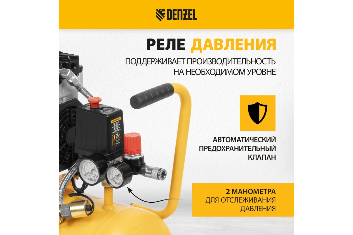 Компрессор DLS950/24 безмаслянный малошумный  950 Вт, 165 л/мин,ресивер 24 л// Denzel