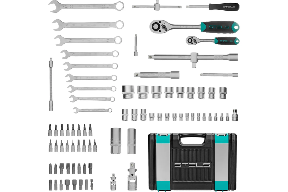 Набор инструментов, 1/2", 1/4", CrV, пластиковый кейс 82 предмета// Stels