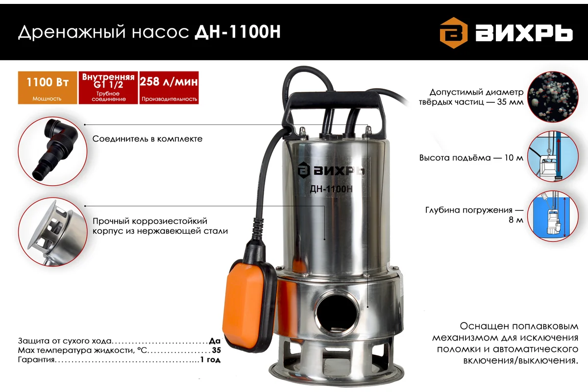 Эл. насос ВИХРЬ ДН-1100Н дренажный, 1,1 кВт, 258 л/мин, выс. подъема  воды 10 м, d частиц 35 мм.