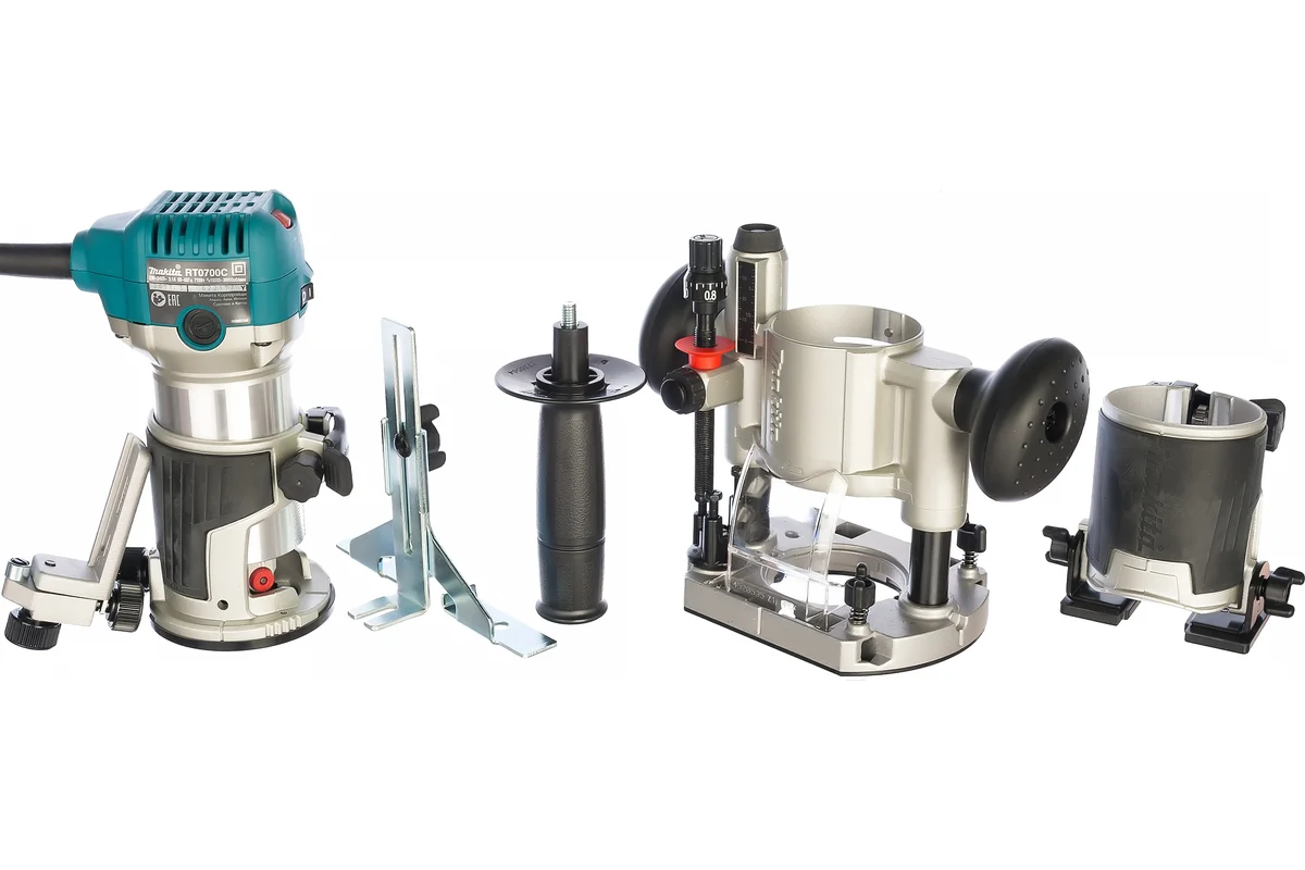 Makita Фрезер кромочный RT0700CX2,710Вт, 10000-30000 об\м, цанга-6/8мм, 3 основания, сумка, 1,8кг