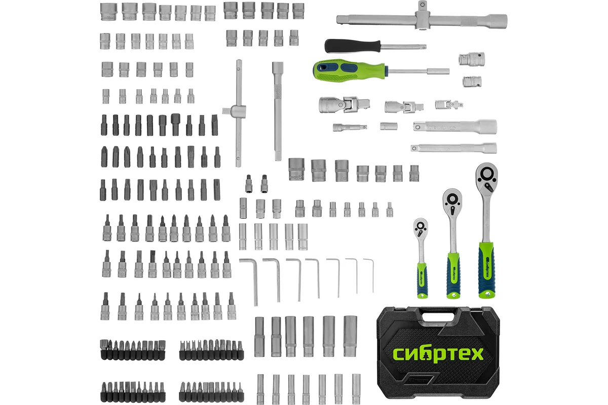 Набор инструментов, 1/2", 3/8", 1/4", пластиковый кейс 215 предм.// Сибртех