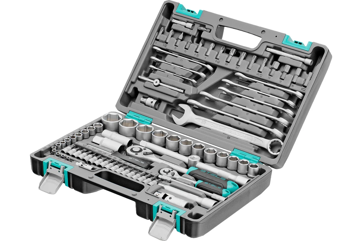 Набор инструментов, 1/2", 1/4", CrV, пластиковый кейс 82 предмета// Stels