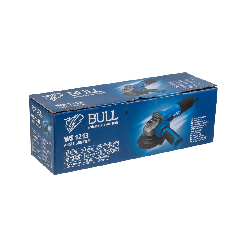 Одноручная углошлифмашина BULL WS 1213 в кор. 125 мм, 1200 Вт, плав. пуск., рег. об, конст. эл.