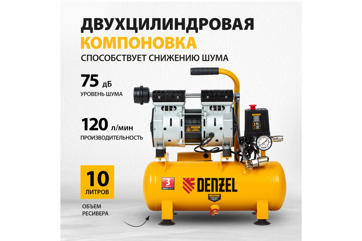 Безмасляный компрессор DLS650/10 650 Вт, 120 л/мин, ресивер 10 л // DENZEL