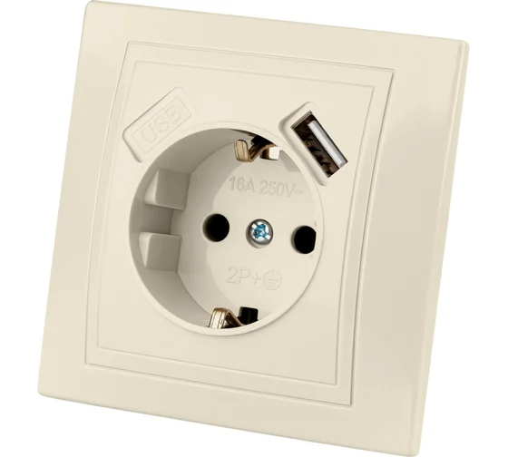 Розетка двойная 2П 16А  + USB 2.1A 5B сл. кость (земля, шторки, керам. осн.) "Таймыр" TDM*
