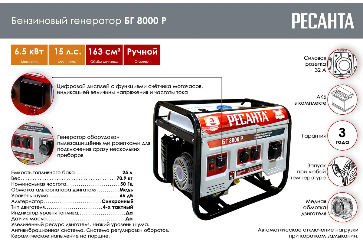 РЕСАНТА  Бенз. генератор БГ 8000 Р, 220 В, 4х тактн, макс мощн.7кВт,номин.мощн. 6,5кВт, бак 25л