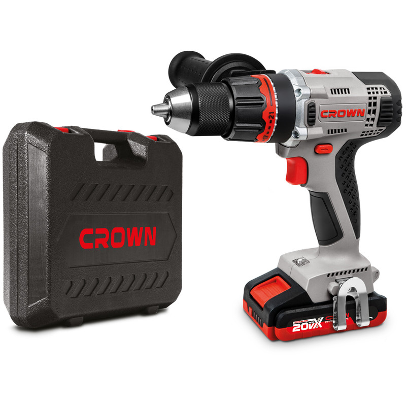 Аккумуляторный шуруповерт CROWN CT21076HMX-2 BMC, 20В, 2х2АчLi, БЗП 13мм,60/40Нм, 1,56кг