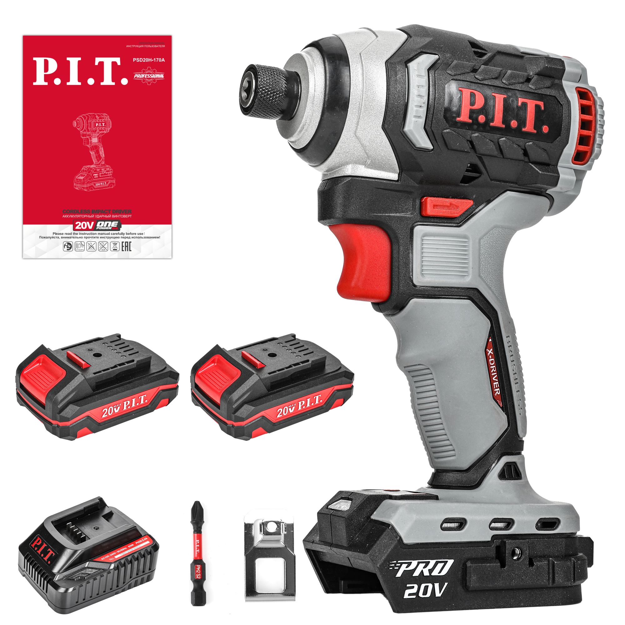 Винтоверт IMPACT аккум. бесщёточный P.I.T. PSD20H-170A/2 (20В, 170Нм, 3ск, HEX 1/4", 2х2Ач, ЗУ,кейс)