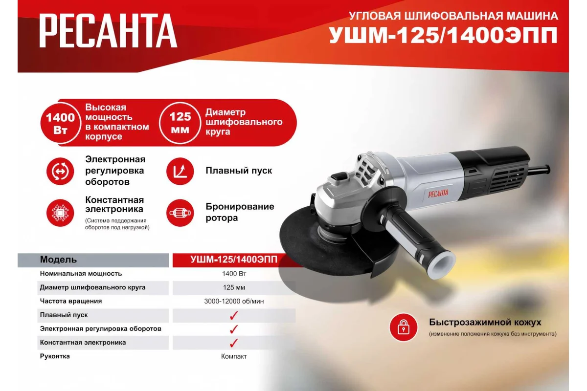 Углошлифовальная машина УШМ-125/1400 ЭПП  1400Вт,3000-12000об/мин //Ресанта