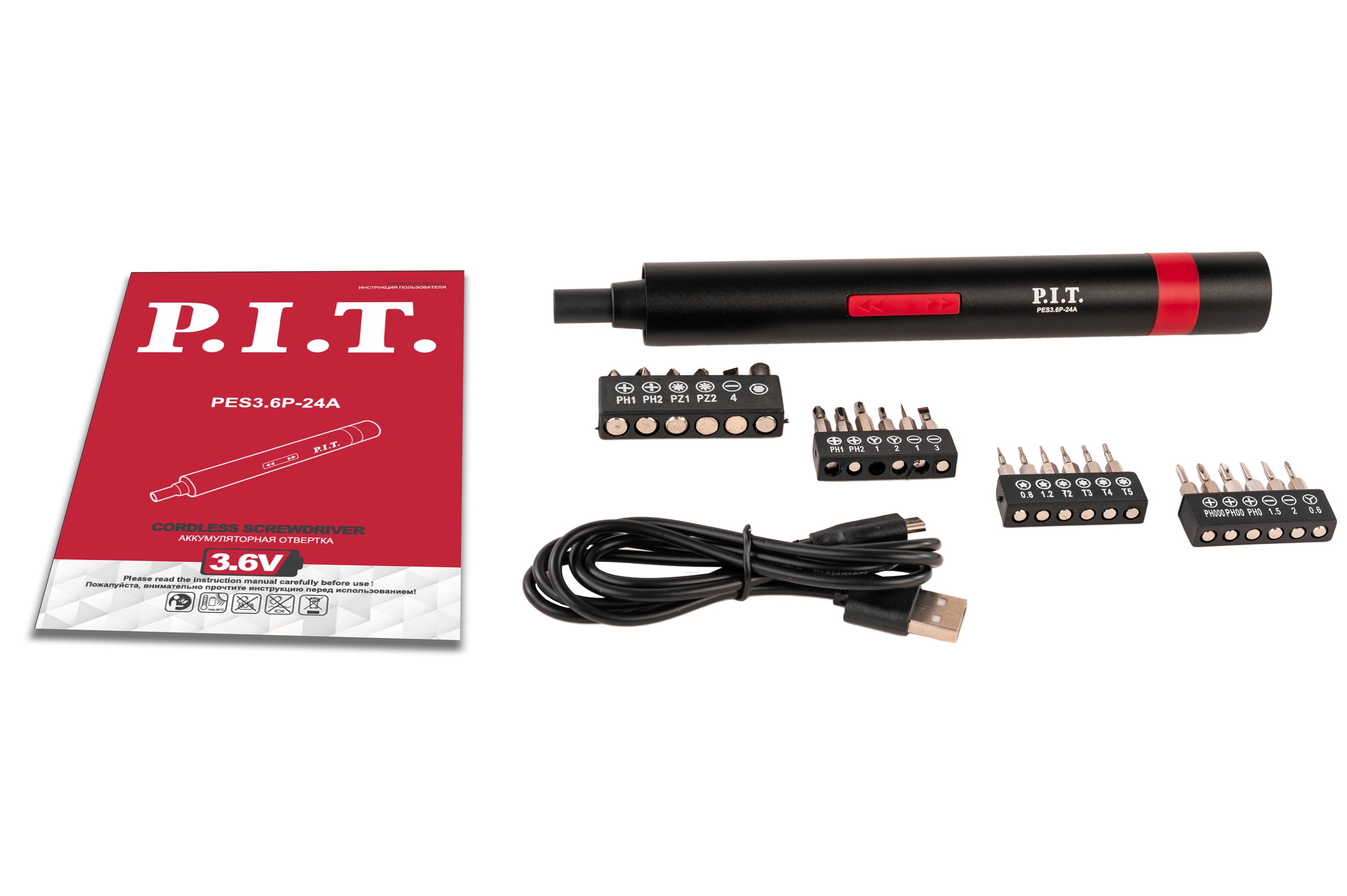 Отвертка аккум. P.I.T. PES3.6P-24A (3,6В, 2Нм, 1.3Ач, биты 23шт, USB ЗУ, LED подсветка, чехол)