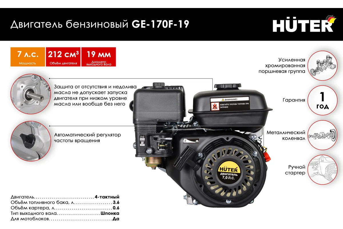 Двигатель бензиновый GE-170F-19 HUTER
