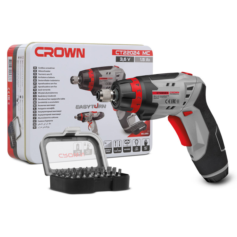 Аккумуляторный шуруповерт CROWN CT22024 MC, 3,6В, 1,5Ач, 3,5Нм, + н-р бит 31шт.