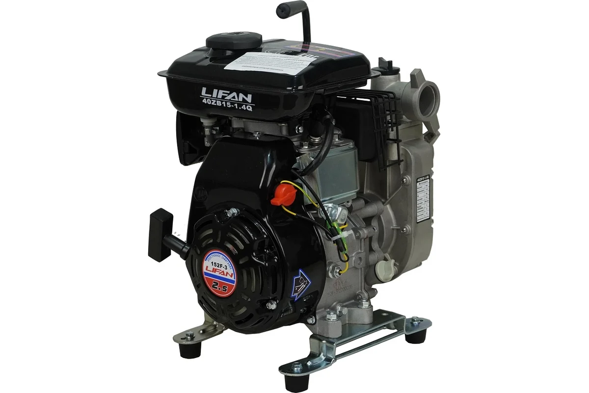 Мотопомпа LIFAN 40ZB15-1,4Q, 1,4 кВт/2,5 л/с,, 9 м3/ч, подъем 15 м, гл. всас. 4 м, д/чист. воды