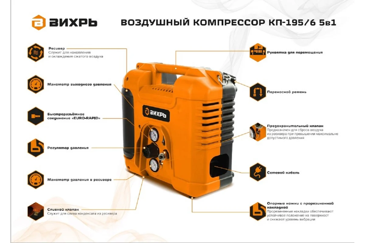 Компрессор КП-195/6 5в1 195 л/мин, 6 л, 10 Бар, 1500 Вт //  Вихрь