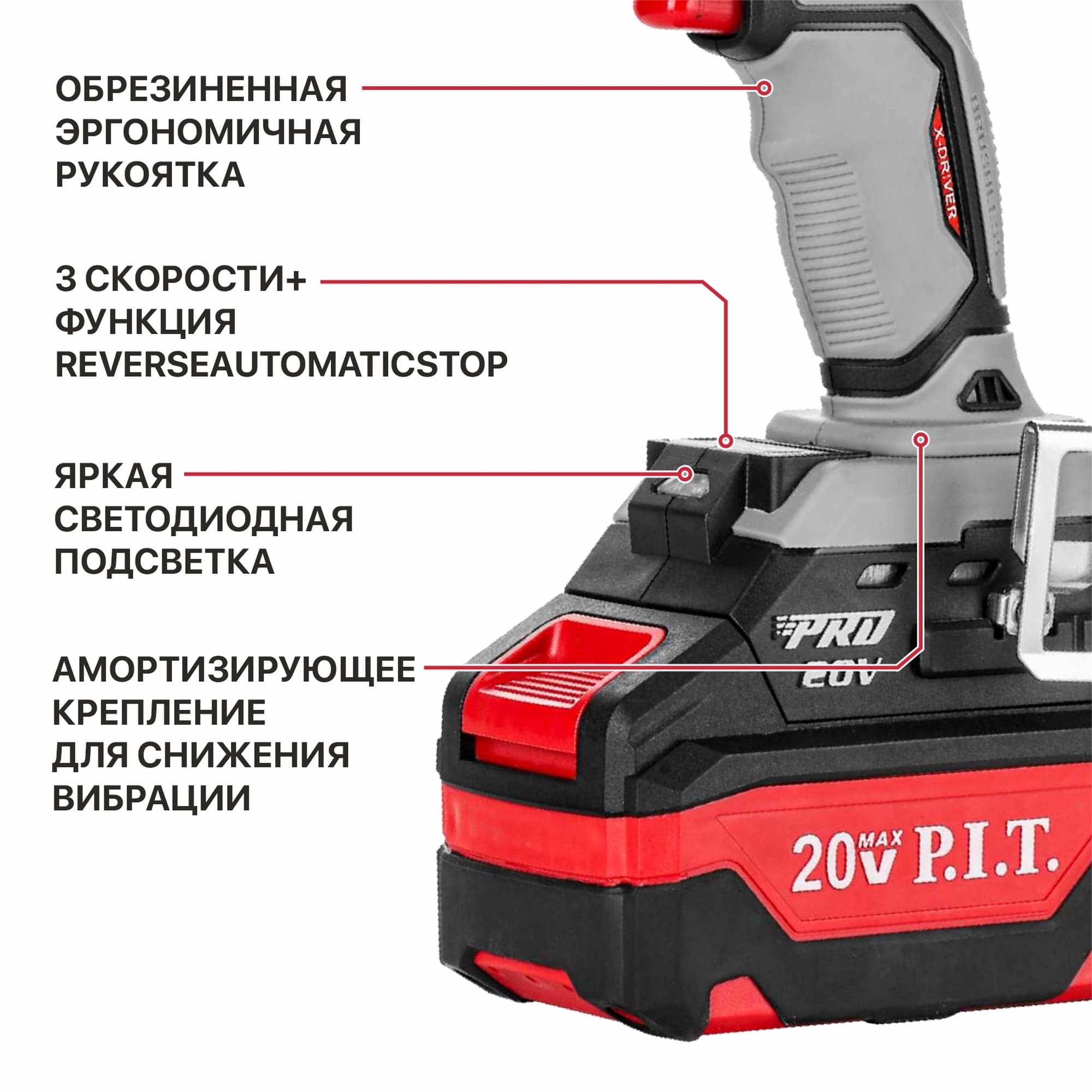 Гайковерт IMPACT аккум. бесщеточный P.I.T. PIW20H-600A/2 (20В, 600Нм, 1/2", 3ск, 0-2800уд/мин,2х4Ач)